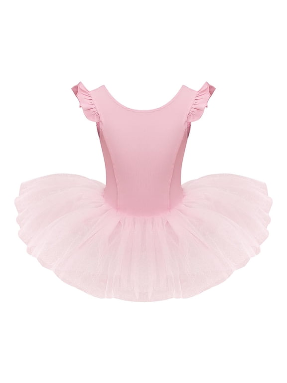 Toddler Kids Girls Ruffle Flutter Sleeve Ballet Dance Tutu Skirted Leotard Ballerina Dancewear 5-6 Years Pink