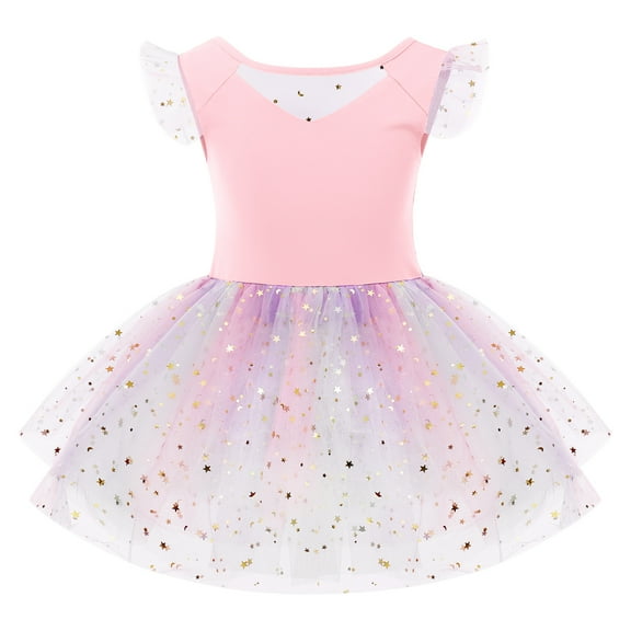 IBTOM CASTLE Toddler Kids Girls Sequins Star Ballet Dance Dress with Glitter Tutu Skirted Leotard Colorful Mesh Ballerina Dancewear 9-10 Years Pink