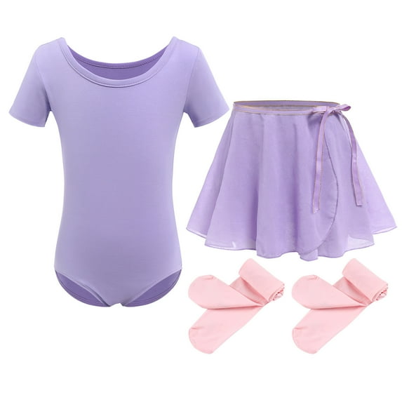 IBTOM CASTLE Toddler Kids Girls Short Sleeve Ballet Dance Leotards Costume with Chiffon Dance Skirt Tights Ballerina Outfits 6-7 Years Purple