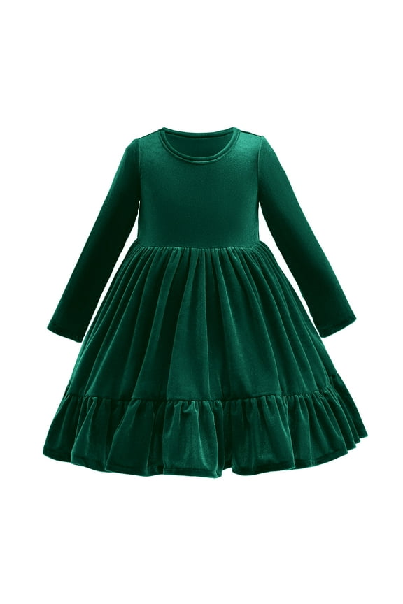 Toddler Kids Girls Velvet Dress Ruffle Long Sleeve Christmas Party Wedding Evening Birthday Holiday Pageant Dresses Fall Winter Clothes 3-4 Years Green