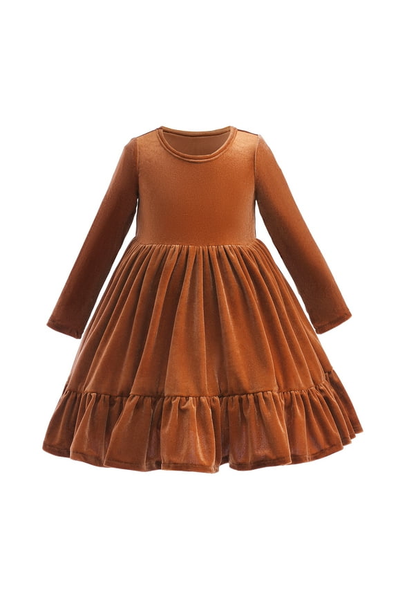 Toddler Kids Girls Velvet Dress Ruffle Long Sleeve Christmas Party Wedding Evening Birthday Holiday Pageant Dresses Fall Winter Clothes 18-24 Months Coffee