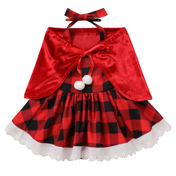 IBTOM CASTLE Kids Baby Girls Christmas Party Dress Women Xmas Red Plaid Tutu Dress with Hooded Cloak Cape Family Matching Fancy Dress up Costume 18-24 Months Red Romper + Cape