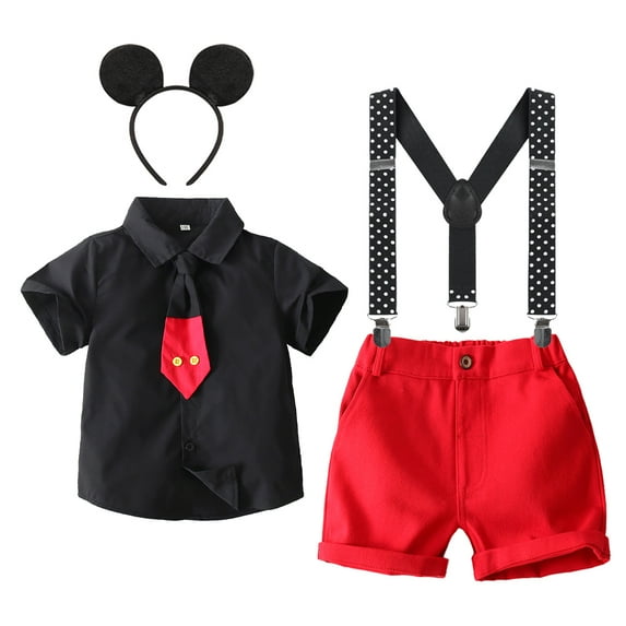 IBTOM CASTLE Toddler Little Boys Mouse Cosplay Costume Gentleman Necktie Shirt+Suspender+Short Pants+Headband 4pcs Birthday Outfit 2-3 Years Black