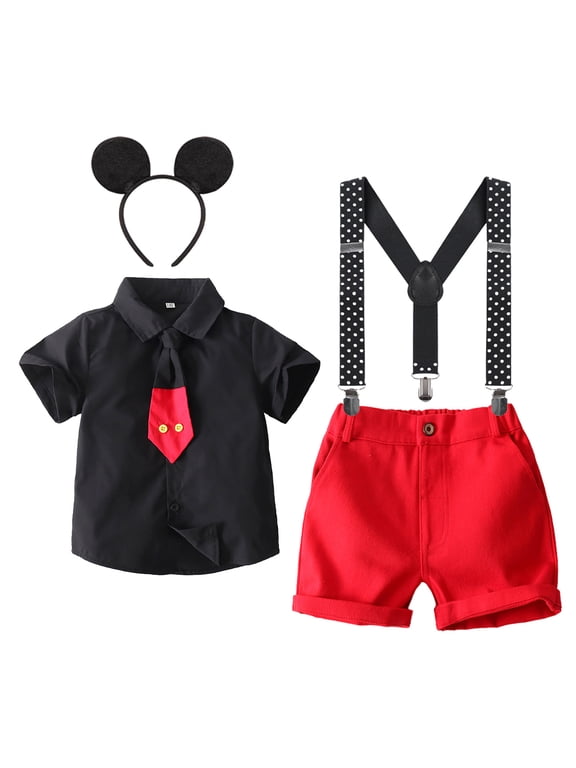 Toddler Little Boys Mouse Cosplay Costume Gentleman Necktie Shirt+Suspender+Short Pants+Headband 4pcs Birthday Outfit 2-3 Years Black