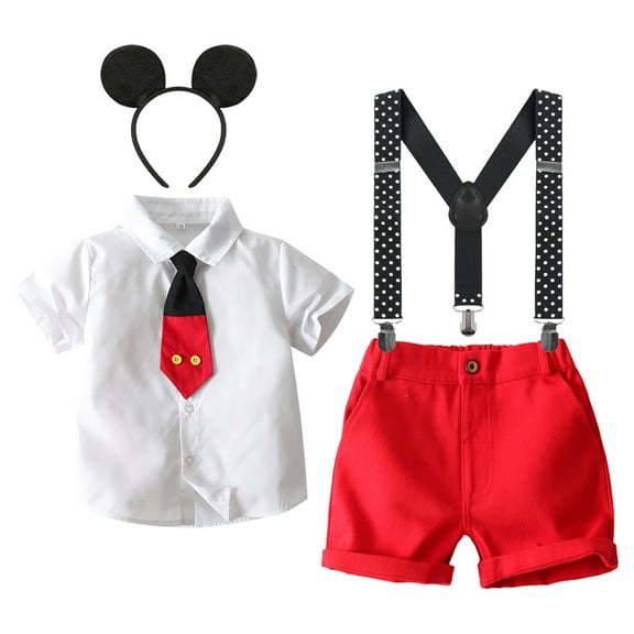 IBTOM CASTLE Toddler Little Boys Mouse Cosplay Costume Gentleman Necktie Shirt Suspender Short Pants Headband 4pcs Birthday Outfit 2-3 Years White