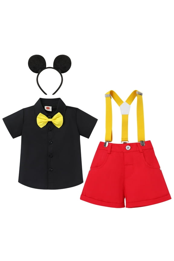 Toddler Little Boys Mouse Cosplay Costume Gentleman Necktie Shirt+Suspender+Short Pants+Headband 4pcs Birthday Outfit 3-4 Years Black - Yellow Bowtie