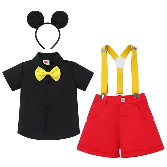 IBTOM CASTLE Toddler Little Boys Mouse Cosplay Costume Gentleman Necktie Shirt Suspender Short Pants Headband 4pcs Birthday Outfit 9-12 Months Black - Yellow Bowtie