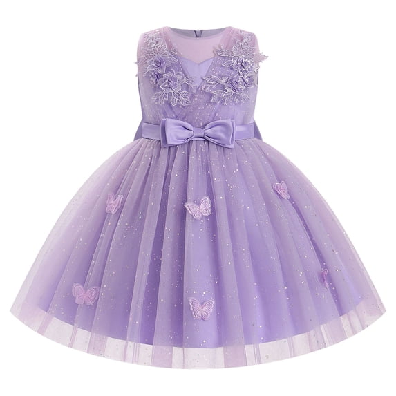 IBTOM CASTLE Toddler Little Flower Girls Princess Tulle Dress Sleeveless Floral Embroidery Tutu 3D Butterfly Back Bowknot For Wedding Birthday Party Evening Formal Purple