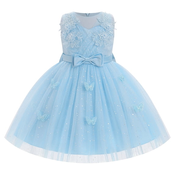 IBTOM CASTLE Toddler Little Flower Girls Princess Tulle Dress Sleeveless Floral Embroidery Tutu 3D Butterfly Back Bowknot For Wedding Birthday Party Evening Formal Blue