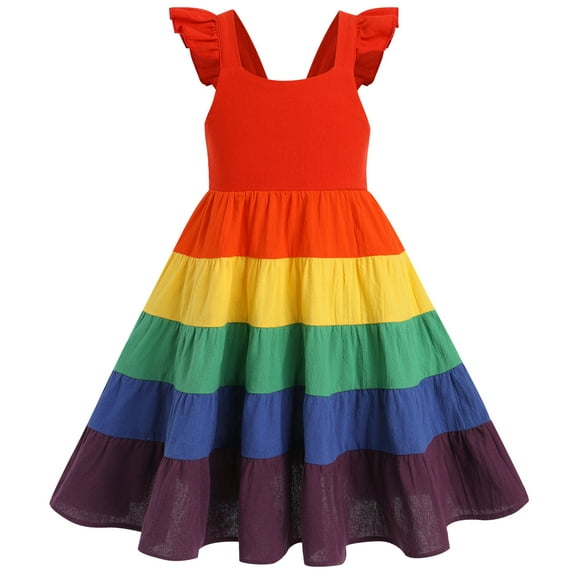 IBTOM CASTLE Toddler Little Girls Rainbow Twirly Skater Dress Kids Back to School Dress Summer Casual Tea Party Beach Sundress 2-3 Years Rainbow