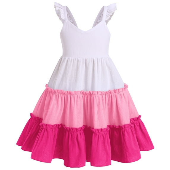 IBTOM CASTLE Toddler Little Girls Rainbow Twirly Skater Dress Kids Back to School Dress Summer Casual Tea Party Beach Sundress 3-4 Years Hot Pink