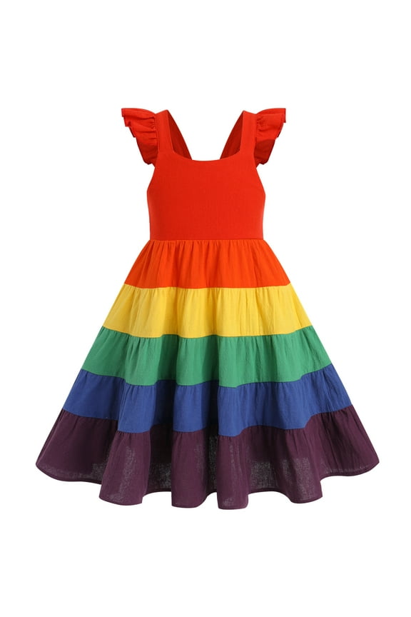 Toddler Little Girls Rainbow Twirly Skater Dress Kids Back to School Dress Summer Casual Tea Party Beach Sundress 3-4 Years Rainbow