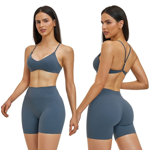 IBTOM CASTLE Two Piece Workout Sets for Women Y Back Sports Jogger Outfits Bra High Waist Biker Shorts Matching Gym Sets Yoga Pilates Outfits S Gray-blue