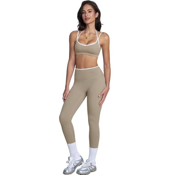 IBTOM CASTLE Two Piece Workout Sets for Women Color Block Strappy Sports Bra High Waist Leggings Yoga Pilates Outfits Light Gray