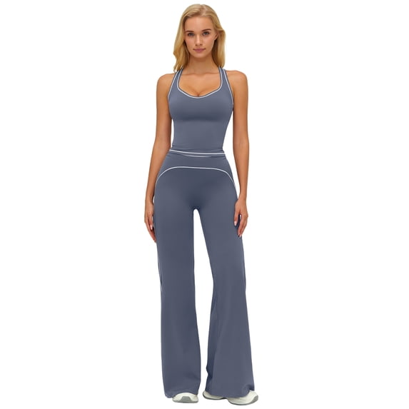 IBTOM CASTLE Two Piece Workout Sets for Women Racerback Tank Top Matching High Waist Wide Leg Yoga Pants Pilates Outfits Grey-blue