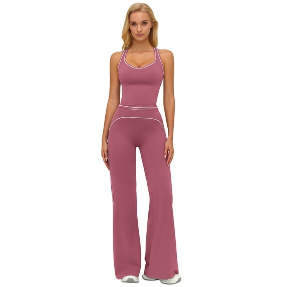 IBTOM CASTLE Two Piece Workout Sets for Women Racerback Tank Top Matching High Waist Wide Leg Yoga Pants Pilates Outfits Hot Pink