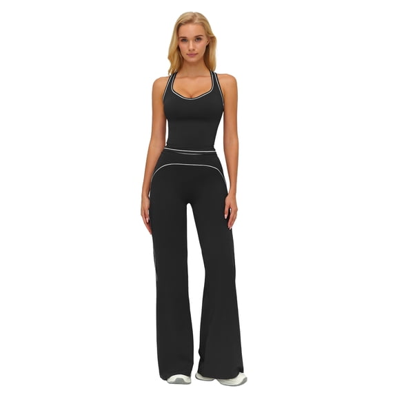 IBTOM CASTLE Two Piece Workout Sets for Women Racerback Tank Top Matching High Waist Wide Leg Yoga Pants Pilates Outfits M Black