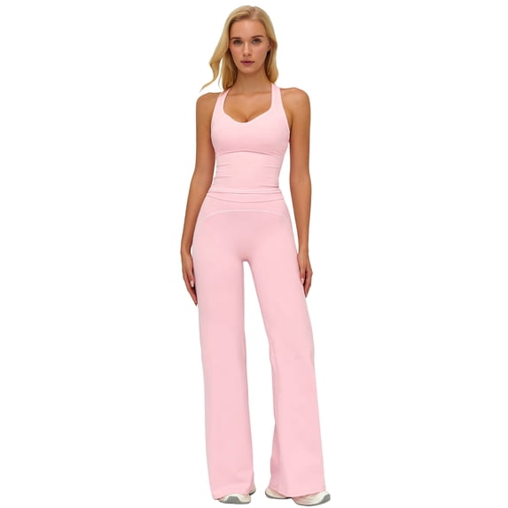 IBTOM CASTLE Two Piece Workout Sets for Women Racerback Tank Top Matching High Waist Wide Leg Yoga Pants Pilates Outfits Pink