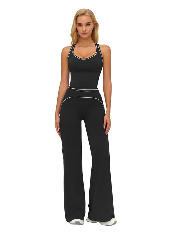 Two Piece Workout Sets for Women Racerback Tank Top Matching High Waist Wide Leg Yoga Pants Pilates Outfits S Black