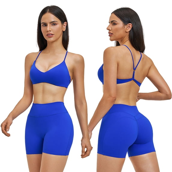 IBTOM CASTLE Two Piece Workout Sets for Women Y Back Sports Jogger Outfits Bra High Waist Biker Shorts Matching Gym Sets Yoga Pilates Outfits XL Blue