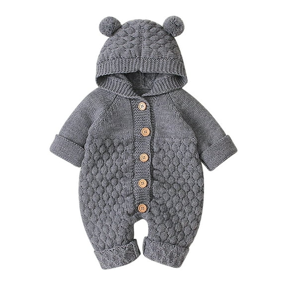 IBTOM CASTLE Unisex Baby Boy Girl Cute 3D Bear Ears Hooded Knitted Sweater Long Sleeve Romper Overall Sleepwear Winter Warm Clothes 0-6 Months Gray