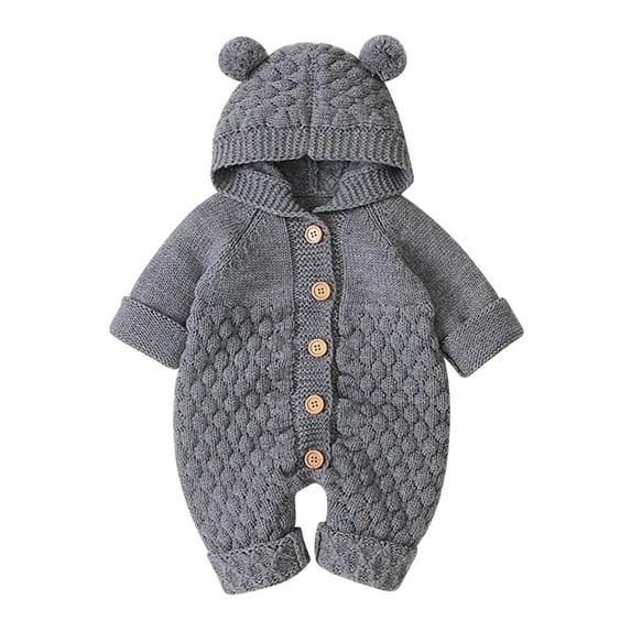 IBTOM CASTLE Unisex Baby Boy Girl Cute 3D Bear Ears Hooded Knitted Sweater Long Sleeve Romper Overall Sleepwear Winter Warm Clothes 0-6 Months Gray
