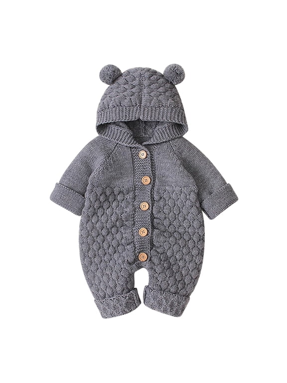 Unisex Baby Boy Girl Cute 3D Bear Ears Hooded Knitted Sweater Long Sleeve Romper Overall Sleepwear Winter Warm Clothes 0-6 Months Gray