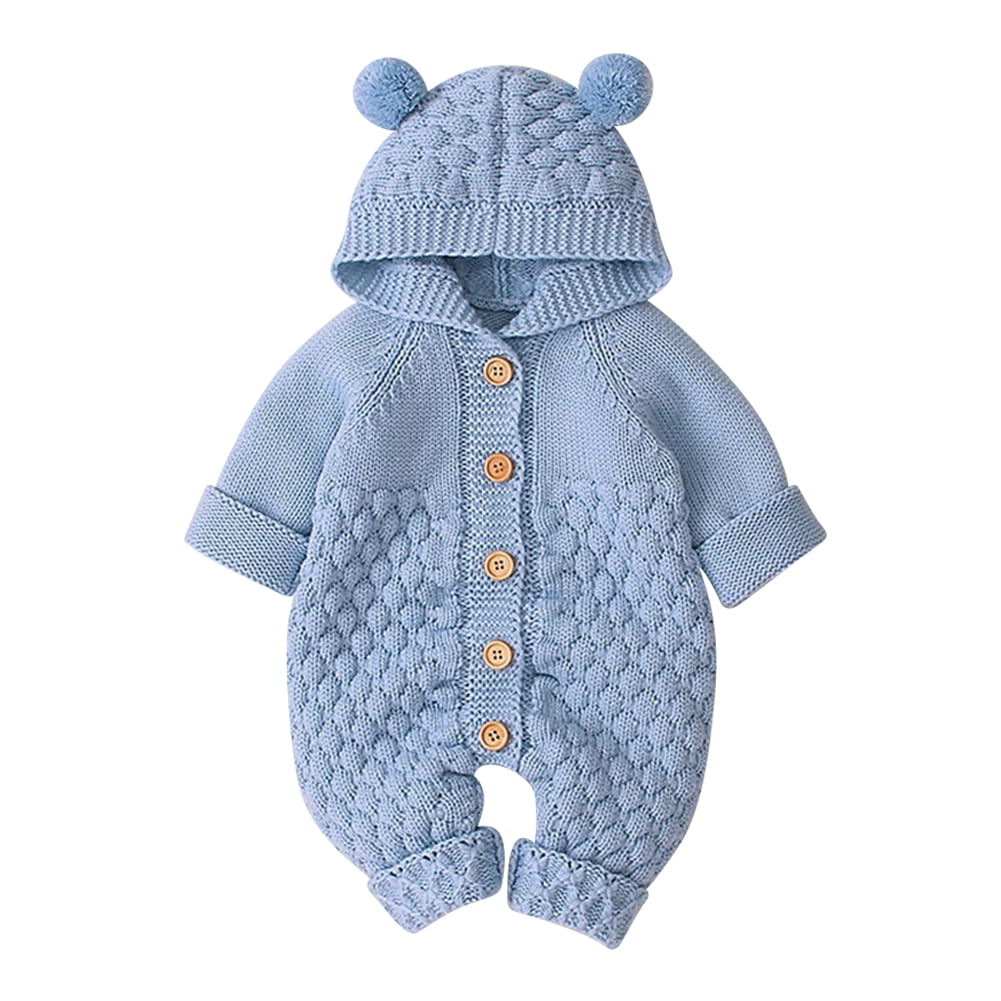 IBTOM CASTLE Unisex Baby Boy Girl Cute 3D Bear Ears Hooded Knitted Sweater Long Sleeve Romper Overall Sleepwear Winter Warm Clothes 0-6 Months Light Blue