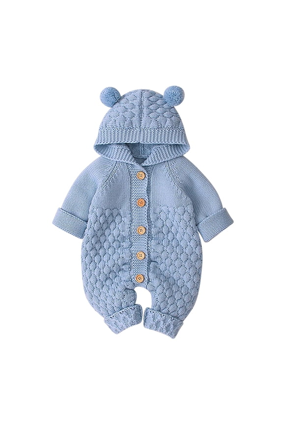 Unisex Baby Boy Girl Cute 3D Bear Ears Hooded Knitted Sweater Long Sleeve Romper Overall Sleepwear Winter Warm Clothes 0-6 Months Light Blue