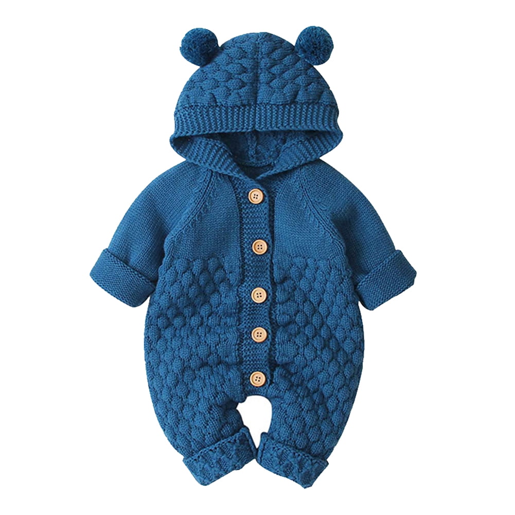IBTOM CASTLE Unisex Baby Boy Girl Cute 3D Bear Ears Hooded Knitted Sweater Long Sleeve Romper Overall Sleepwear Winter Warm Clothes 18-24 Months Blue