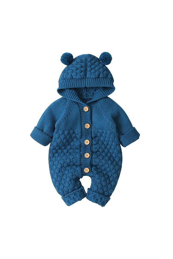 Unisex Baby Boy Girl Cute 3D Bear Ears Hooded Knitted Sweater Long Sleeve Romper Overall Sleepwear Winter Warm Clothes 6-12 Months Blue
