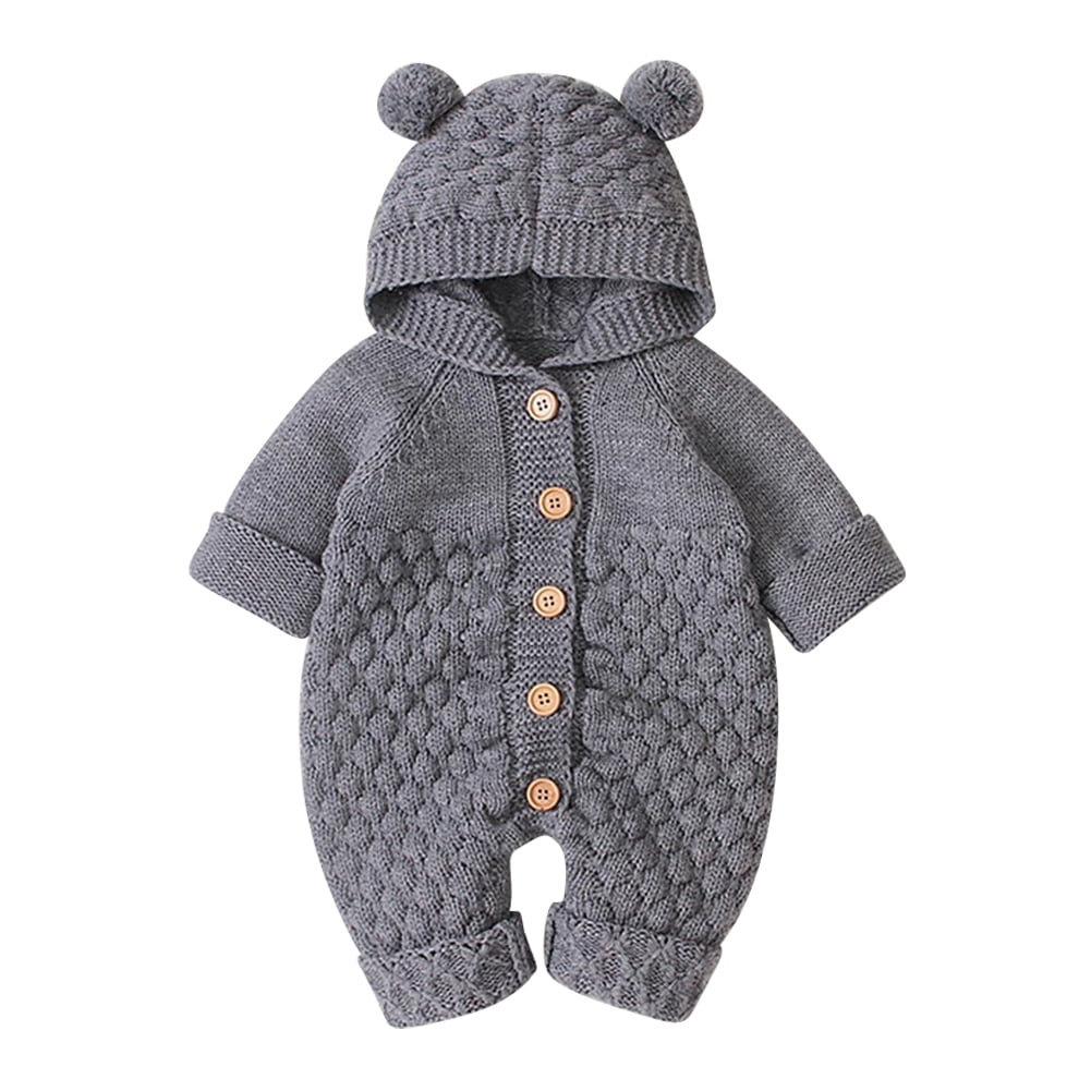 IBTOM CASTLE Unisex Baby Boy Girl Cute 3D Bear Ears Hooded Knitted Sweater Long Sleeve Romper Overall Sleepwear Winter Warm Clothes 6-12 Months Gray