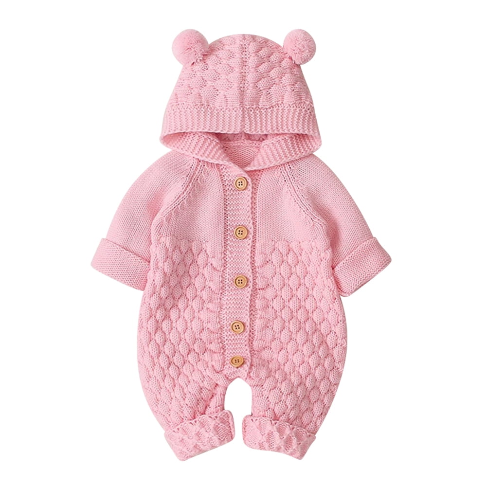 IBTOM CASTLE Unisex Baby Boy Girl Cute 3D Bear Ears Hooded Knitted Sweater Long Sleeve Romper Overall Sleepwear Winter Warm Clothes 6-12 Months Pink