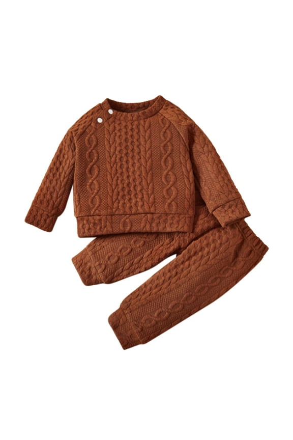 Unisex Baby Girls Boys Cotton Twist Knit Sweater Long Sleeve T-Shirt Tops + Long Pants 2PCS Outfit Fall Winter Warm Clothes 12-18 Months Brown