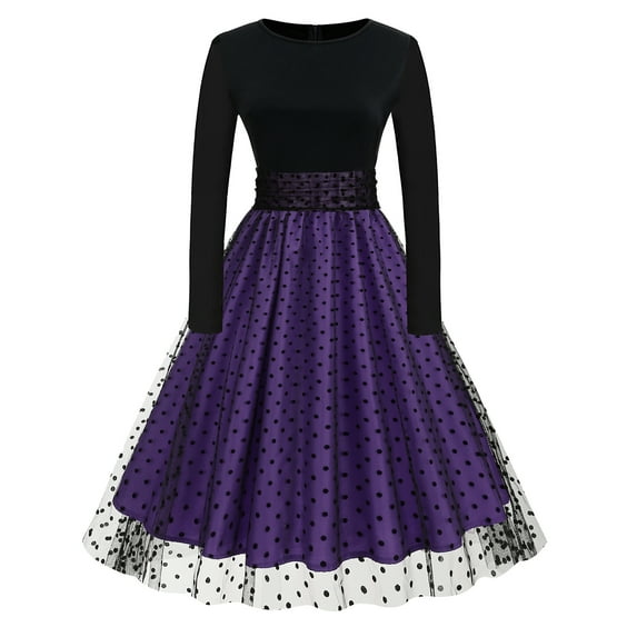 IBTOM CASTLE Vintage Dress for Women 1950s Long Sleeve Patchwork Polka Dots Tulle Cocktail Party Dress Retro Swing Midi Dress S Purple