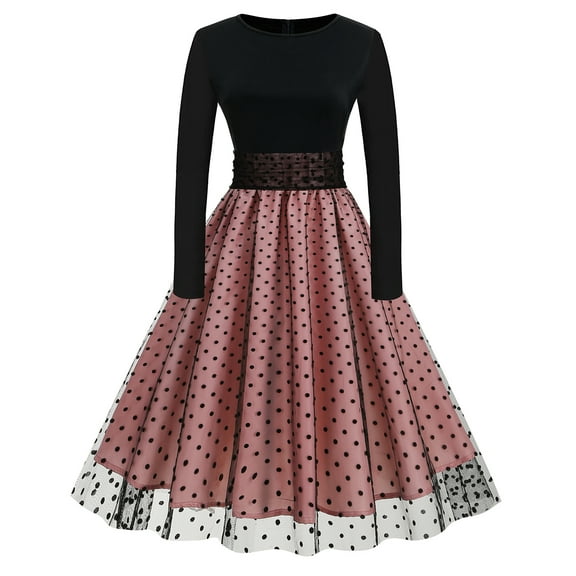 IBTOM CASTLE Vintage Dress for Women 1950s Long Sleeve Patchwork Polka Dots Tulle Cocktail Party Dress Retro Swing Midi Dress XL Pink