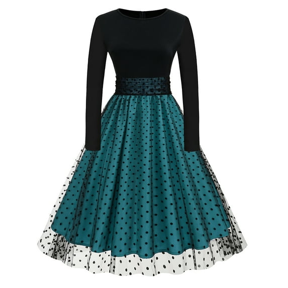 IBTOM CASTLE Vintage Dress for Women 1950s Long Sleeve Patchwork Polka Dots Tulle Cocktail Party Dress Retro Swing Midi Dress XXL Blue