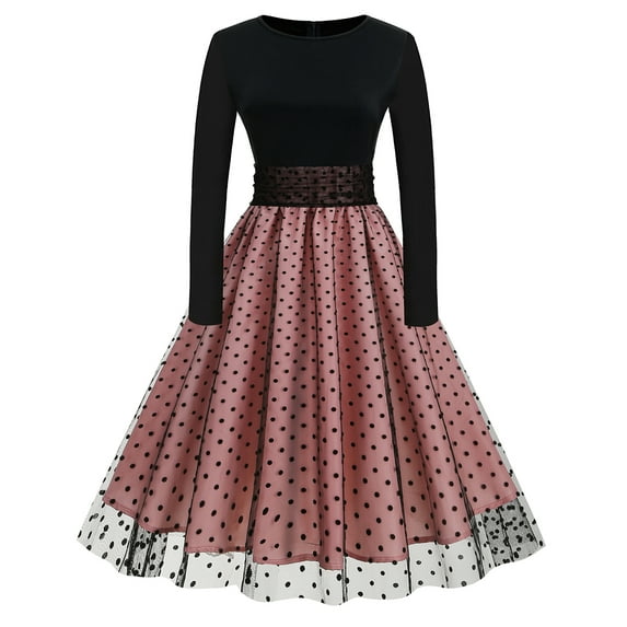 IBTOM CASTLE Vintage Dress for Women 1950s Long Sleeve Patchwork Polka Dots Tulle Cocktail Party Dress Retro Swing Midi Dress XXL Pink