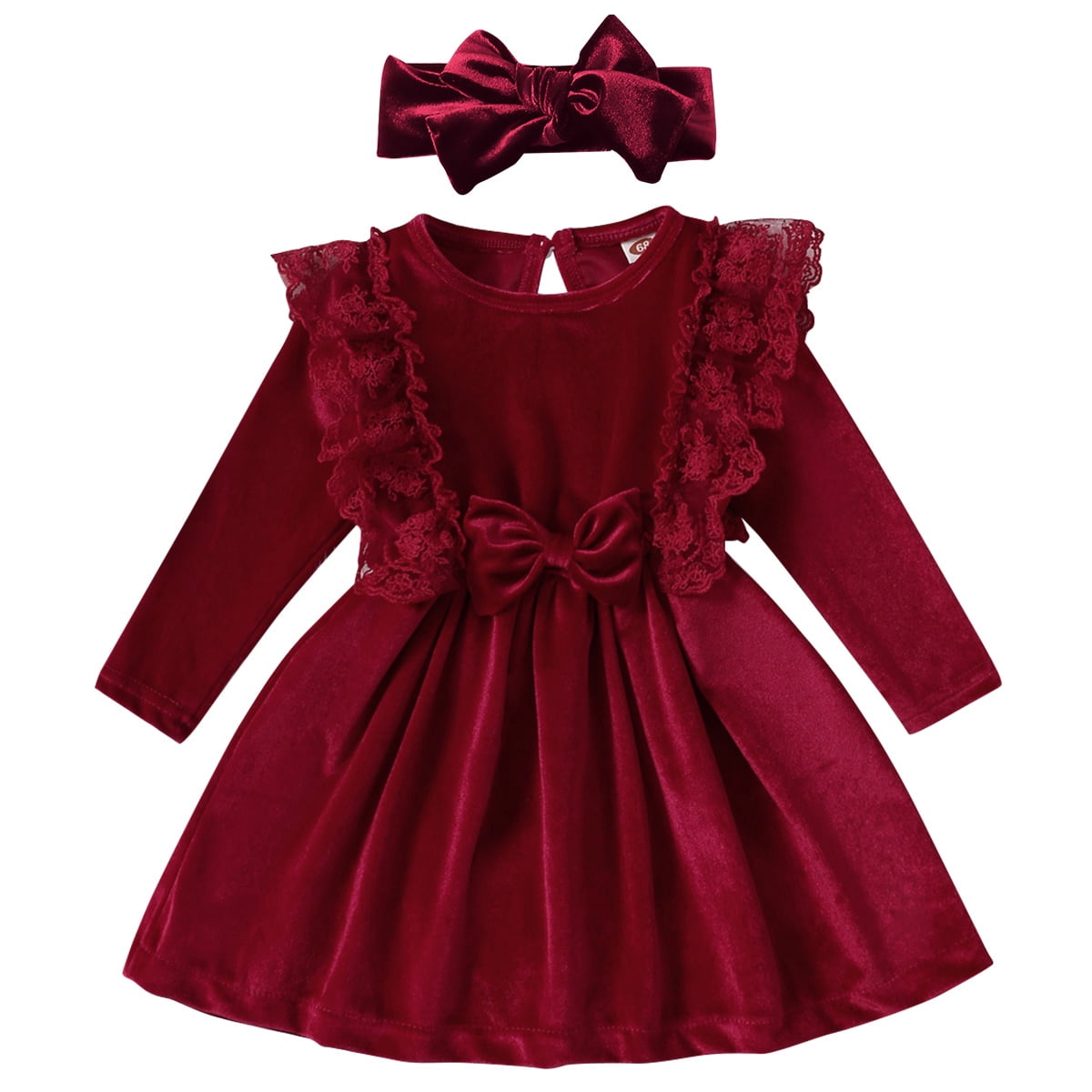 IBTOM CASTLE Vintage Princess Toddler Baby Girl Long Sleeve Velvet Ruffle Tutu Lace Dress Xmas Wedding Birthday Party Fall Winter Clothes 2-3 Years Wine Red
