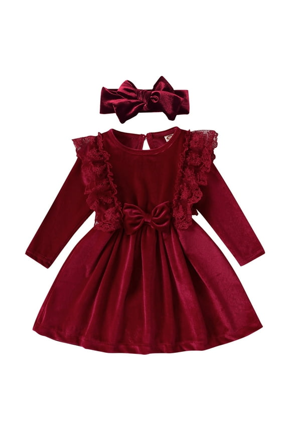 Vintage Princess Toddler Baby Girl Long Sleeve Velvet Ruffle Tutu Lace Dress Xmas Wedding Birthday Party Fall Winter Clothes 6-9 Months Wine Red