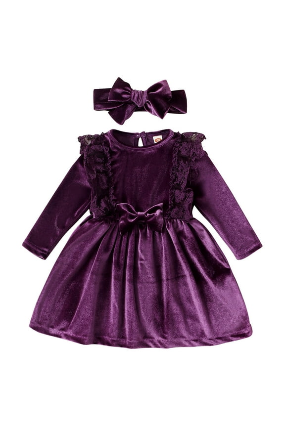 Vintage Princess Toddler Baby Girl Long Sleeve Velvet Ruffle Tutu Lace Dress Xmas Wedding Birthday Party Fall Winter Clothes 6-9 Months Eggplant