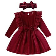 IBTOM CASTLE Vintage Princess Toddler Baby Girl Long Sleeve Velvet Ruffle Tutu Lace Dress Xmas Wedding Birthday Party Fall Winter Clothes 12-18 Months Wine Red