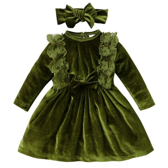 IBTOM CASTLE Vintage Princess Toddler Baby Girl Long Sleeve Velvet Ruffle Tutu Lace Dress Xmas Wedding Birthday Party Fall Winter Clothes 9-12 Months Green