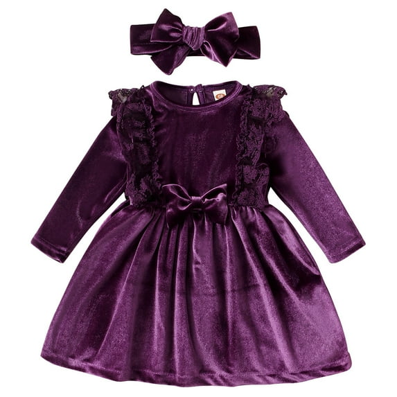 IBTOM CASTLE Vintage Princess Toddler Baby Girl Long Sleeve Velvet Ruffle Tutu Lace Dress Xmas Wedding Birthday Party Fall Winter Clothes 9-12 Months Eggplant