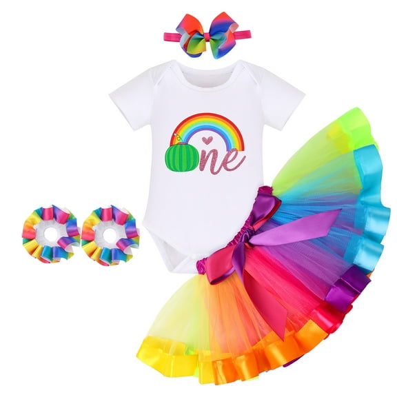 IBTOM CASTLE Watermelon 1st Birthday Outfit for Baby Girls Romper Rainbow Tutu Skirt Headband Summer Clothes Cake Smash Photo Shoot 1 Year White-Watermelon 02