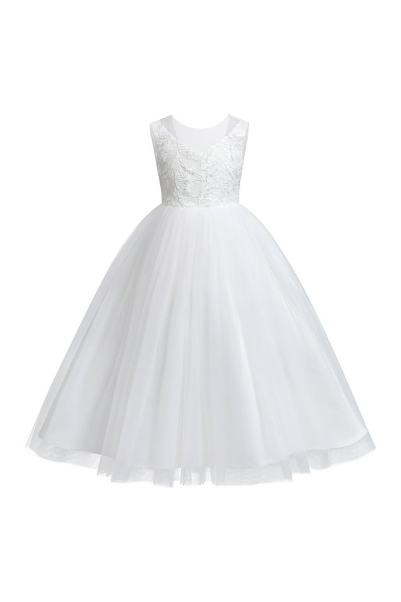 White First Communion Dresses for Girls Lace Flower Wedding Bridesmaid Pageant Birthday Baptism Party Formal Maxi Tulle Gown 13-14 Years White - Feather