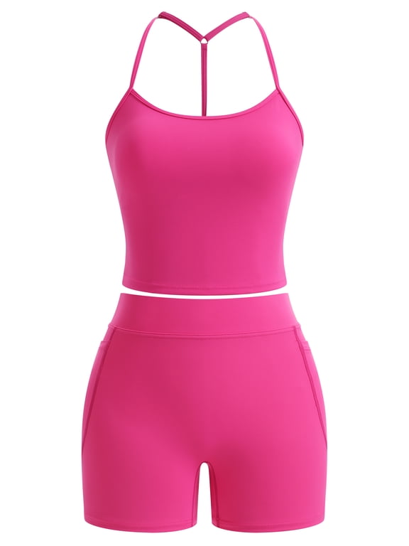 Women 2 Piece Workout Sets, Adjustable Strap Padded Tank Top and Squat Proof Seamless High Waisted Biker Shorts Gym Yoga Matching Outfit 4-5 Years Pink