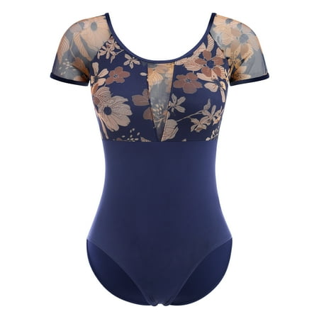 IBTOM CASTLE Women Ballet Dance Leotards Adult Butterfly Flower Print Backless Gymnastics Leotards with Bra Training Practices XL Navy Blue Floral