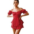 thumbnail image 1 of IBTOM CASTLE Women Boho Romper Off Shoulder Ruffle Chiffon Shorts Mini Dress Floral Print One Piece Casual Strapless Jumpsuit L Red, 1 of 8