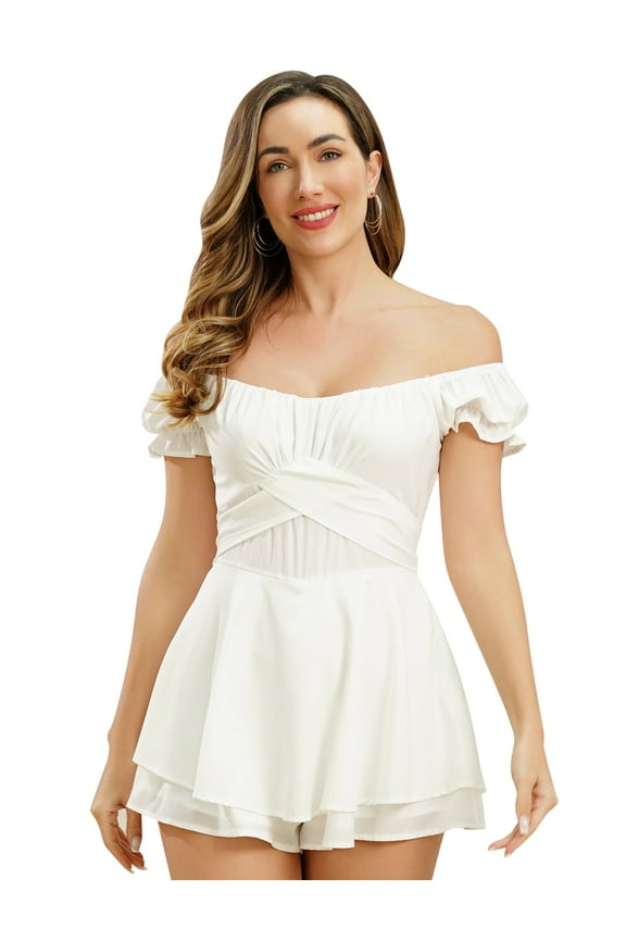 Women Boho Romper Off Shoulder Ruffle Chiffon Shorts Mini Dress Floral Print One Piece Casual Strapless Jumpsuit S White